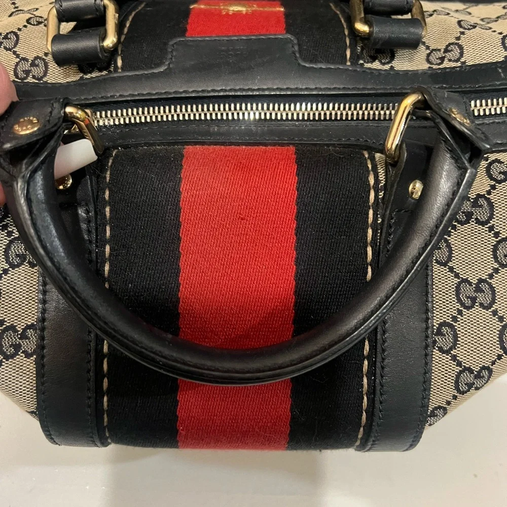 Gucci Beige GG Canvas Satchel with Red and Navy Web and Gold Bee - Picture 7 of 10